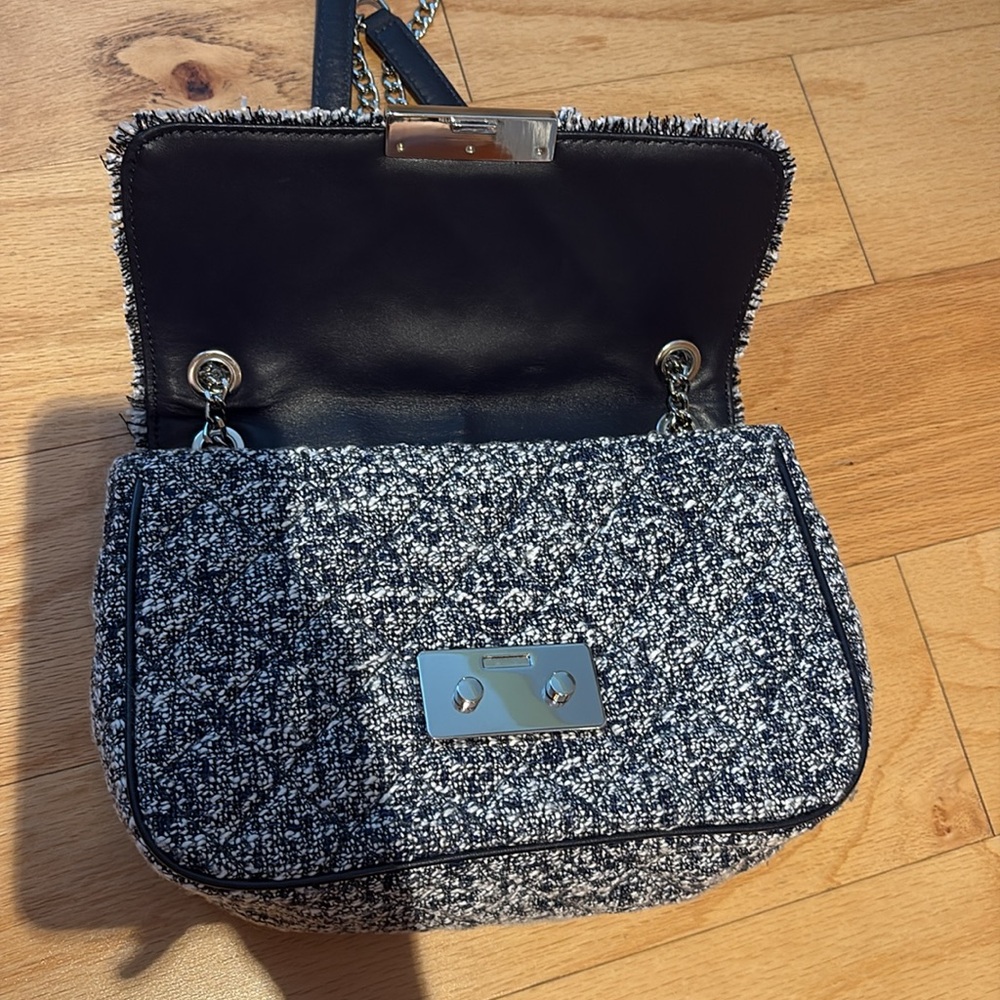 Michael Kors Sloan Large Admiral Tweed Shoulder Bag Navy Blue silver chevron - Picture 11 of 16
